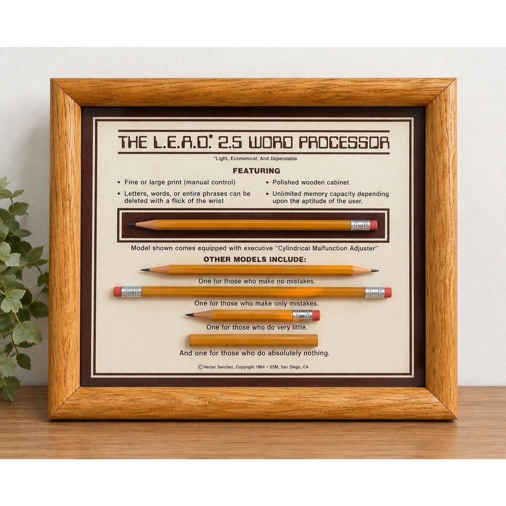 Vintage 1984 L.E.A.D. 2.5 Word Processor Pencil Humor Framed Wall Art 9x11